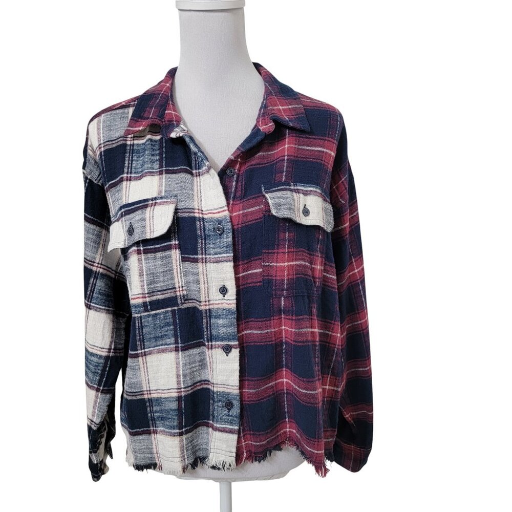 Maurices Size M Two Tone Button Down Plaid Flannel Shirt with Frayed Hem